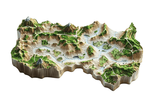 3D topographic map model showcasing mountains, valleys, and terrain variations with realistic elevation details. png