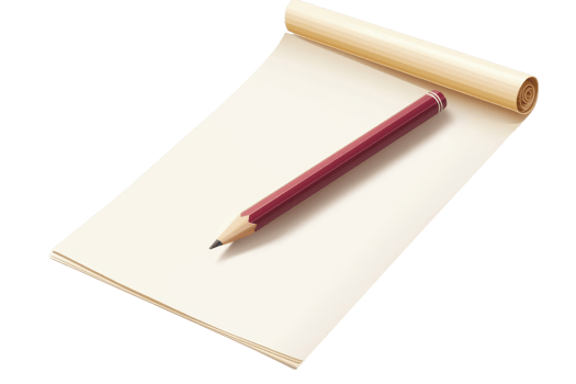 A blank notepad with a red pencil resting on top, representing ideas, creativity, and planning on a transparent background. png