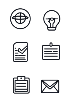 Set of six black outline icons including globe, light bulb, graph, document, calendar, and envelope. Suitable for business and communication themes. png