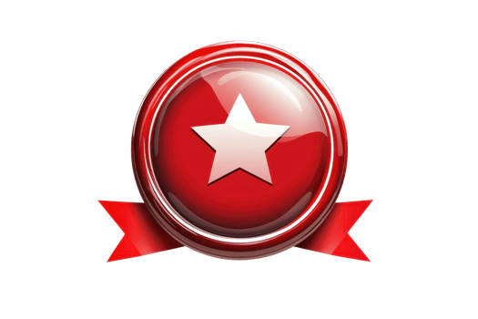 Shiny red badge with white star and ribbon. Ideal for award, achievement, certification, quality, or excellence representations. png