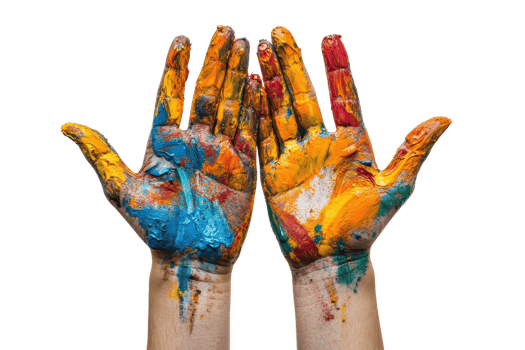 Colorful painted hands showing bright creativity and artistic expression, perfect for illustrating creative projects or art activities. png