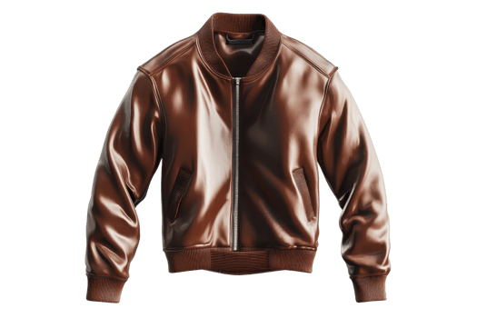 Stylish brown leather jacket with zip closure, perfect for a trendy and fashionable look in any season. png