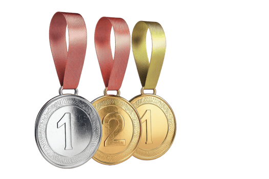 Three hanging medals for 1st, 2nd, and 3rd place in gold, silver, and bronze colors isolated on a transparent background. png