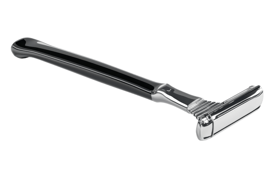 Close-up view of a sleek black and silver razor, perfect for precision shaving. Ideal for grooming and personal care routines. png