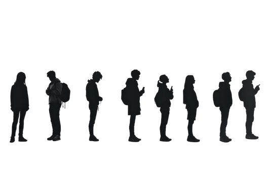 Silhouettes of people standing in a line, isolated on a transparent background. waiting and using their phones. png