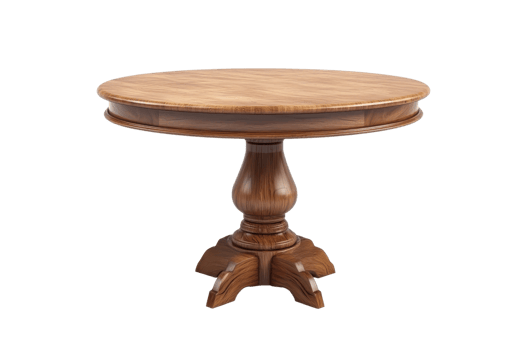 Elegant wooden round table with a polished surface and sturdy pedestal base, perfect for dining or decoration in any home or office setting. png