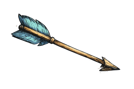 Detailed illustration of a single arrow with blue fletching and a sharp tip. Perfect for themes related to archery or medieval objects. png