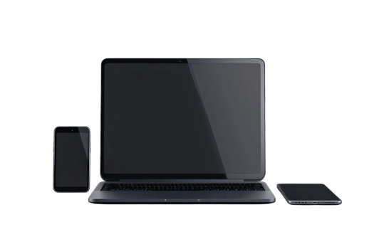 Modern tech devices - smartphone, laptop and tablet displayed on a transparent background. showcasing advanced technology and sleek design. png