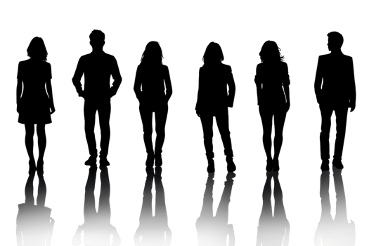 Silhouetted people standing in a line with reflections on the ground, creating a mysterious and intriguing atmosphere. png