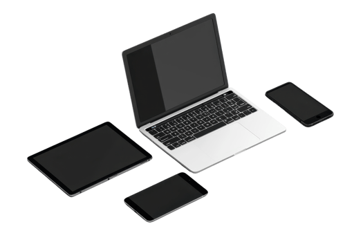 Collection of modern portable devices including a laptop, tablet, and smartphones isolated on a transparent background. png