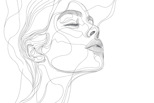 Elegant minimalist line art of a woman's face, featuring flowing lines and abstract details on a transparent background. png