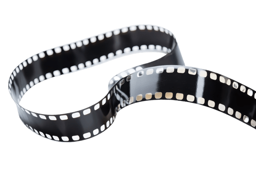 Close-up of a twisted film strip isolated on transparent background. representing vintage photography and cinema history. png