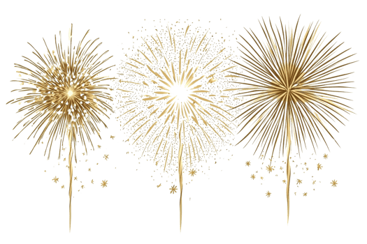 Golden fireworks exploding in the night sky, creating a festive and celebratory atmosphere. Perfect for New Year or holiday celebrations. png