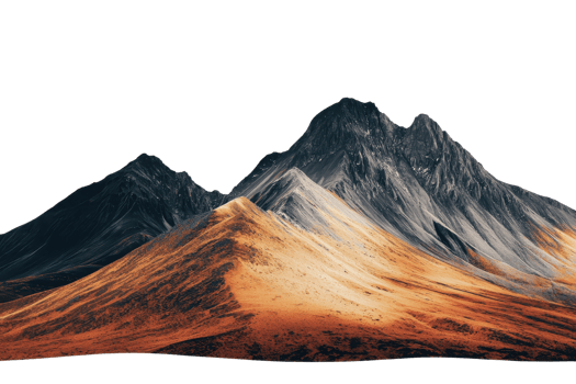 Majestic black and orange mountain range with dramatic peaks and rugged terrain under a clear sky at sunset. png