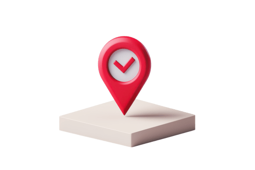 3D render of a red location pin with a check mark on a white platform, symbolizing confirmation, navigation, and destination. png