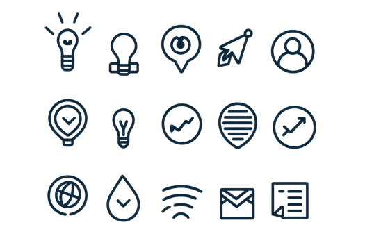 Set of creative outline icons illustrating ideas, communication, thinking, and feedback for business and technology usage. png