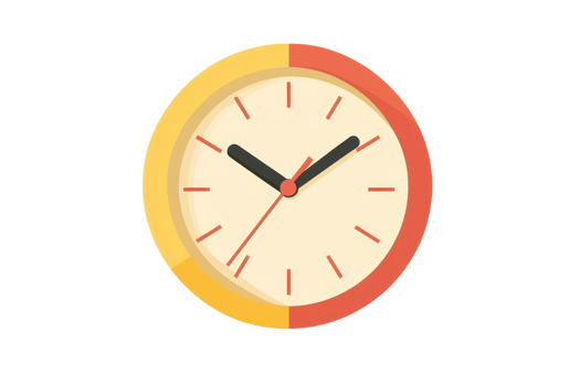 illustration of a simple clock with yellow and orange sections, showing time with hour, minute, and second hands. png