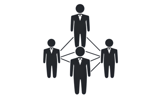 A graphic illustration of four interconnected people in business suits, representing teamwork, connections, and corporate structure. png