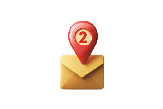 Email notification symbol with a red location pin and the number two on an envelope, representing new messages or alerts. png