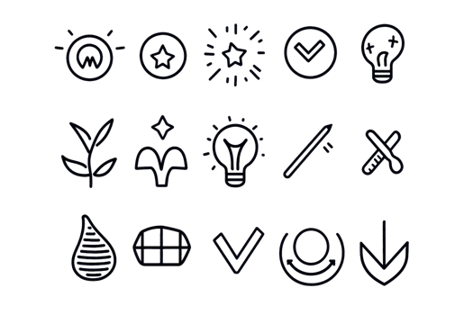 Set of minimalistic line icons representing various concepts like sustainability, idea, growth, success, and technology, against a transparent background. png