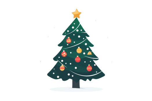 Decorated Christmas tree with ornaments and star on top, surrounded by snowflakes, perfect for festive holiday themes and winter celebrations. png
