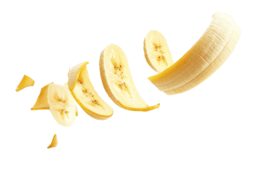 Sliced banana in mid-air, showing fresh, ripe fruit sections separated on a transparent background. Perfect for health, diet, and food-themed visual content. png