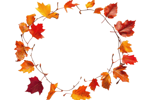 A beautiful autumn wreath made of vivid orange, red, and yellow leaves, perfect for fall-themed decorations and seasonal celebrations. png
