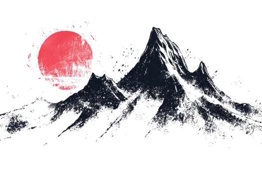Abstract mountain landscape with a red sun, ink brush style. Minimalist and serene, perfect for art enthusiasts and decorators. png