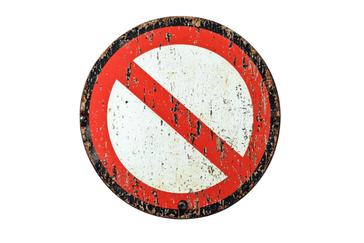 Rustic traffic prohibition sign on transparent background. weathered and showing signs of age. Symbol for no entry, restriction, and forbidden areas. png