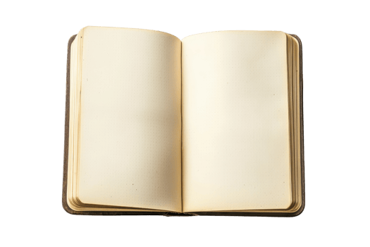 Open blank book with beige pages, perfect for writing or sketching. High-quality image ideal for artistic, educational, or presentation purposes. png