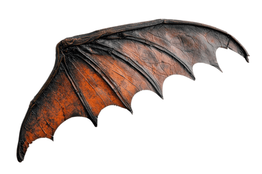 Close-up of a single bat wing, showing intricate details of the veins and texture, isolated on a transparent background. png