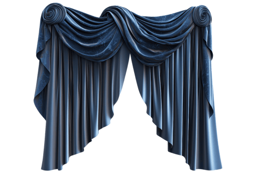 Elegant blue curtain with intricate drapery design, ideal for theatrical settings, home interiors, or creative design projects. png