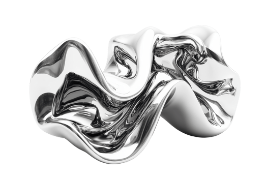 Abstract silver metallic sculpture with fluid, flowing lines and glossy finish, isolated on transparent background. png