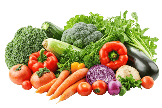 A colorful assortment of fresh vegetables including tomatoes, broccoli, carrots, lettuce, and bell peppers on a transparent background. png