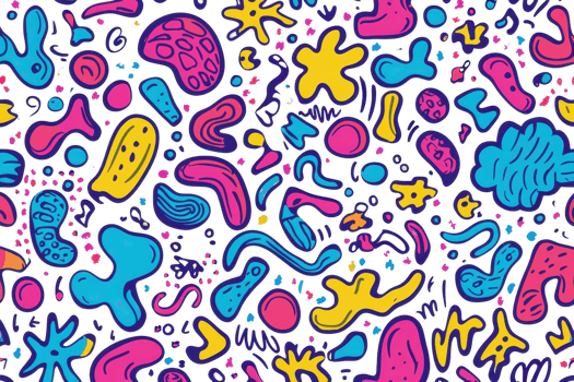 Colorful abstract pattern with various shapes in vibrant pink, blue, and yellow on dark background. Modern, playful design. png