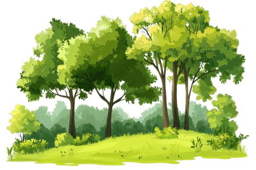 Scenic illustration of a lush green forest with tall trees, showcasing natural beauty and serene landscape under a clear sky. png