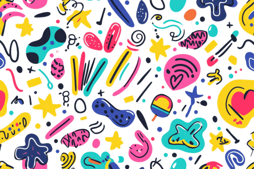 Vibrant abstract doodle pattern featuring colorful shapes and whimsical elements, perfect for creative backgrounds. png