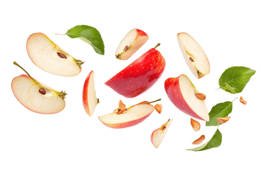 Fresh red apple slices with green leaves and seeds on a transparent background. perfect for healthy eating and fresh fruit concepts. png