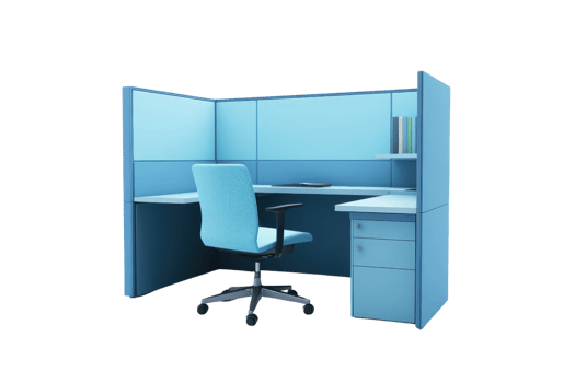 Modern blue office cubicle with desk, office chair, shelves, and storage drawers, ideal for workplace, corporate environment, or home office. png
