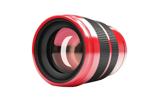 Close-up of a professional camera lens. High-quality photography equipment with a red and black design, ideal for photographers and enthusiasts. png