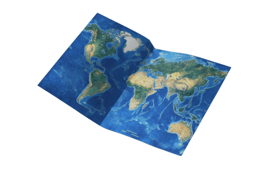 Open world atlas book displaying detailed geographical features of continents and oceans, ideal for educational and reference purposes. png