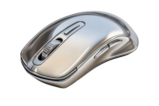 Sleek silver wireless computer mouse with ergonomic design for comfortable use, isolated on transparent background. Ideal for modern tech setups. png
