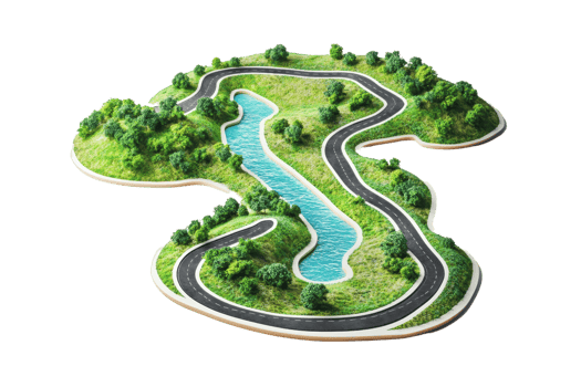 Scenic winding road and river through lush landscape. 3D illustration of nature, travel, and adventure. Serene outdoor journey. png