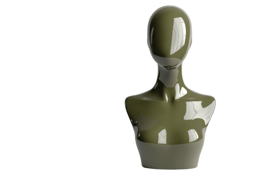 A modern, glossy olive-green mannequin torso on a transparent background. Perfect for fashion displays or art projects. png