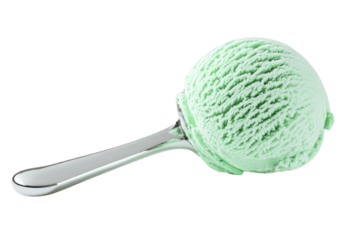 A scoop of mint green ice cream on a shiny metal spoon against a transparent background. Perfect for dessert and summer concepts. png