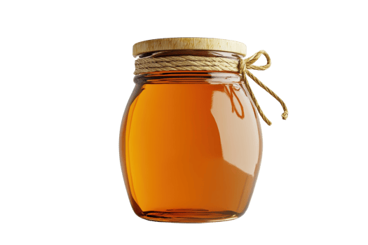 Clear glass jar filled with golden honey, sealed with a wooden lid and twine, perfect for natural and organic food presentations. png