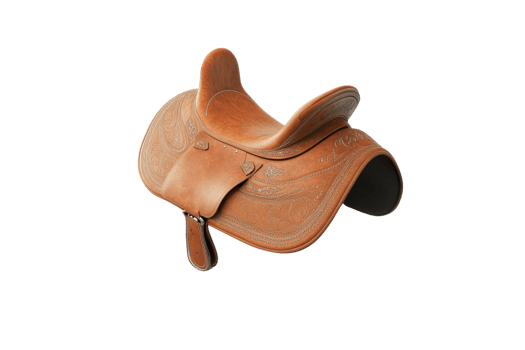 Leather western saddle isolated on transparent background. Essential horse riding equipment for horseback riding and equestrian activities. png