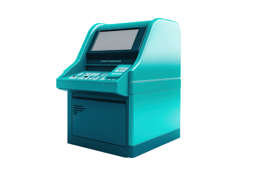 Isolated image of a modern, teal-colored ATM cash machine against a transparent background. featuring a touchscreen and keypad. png