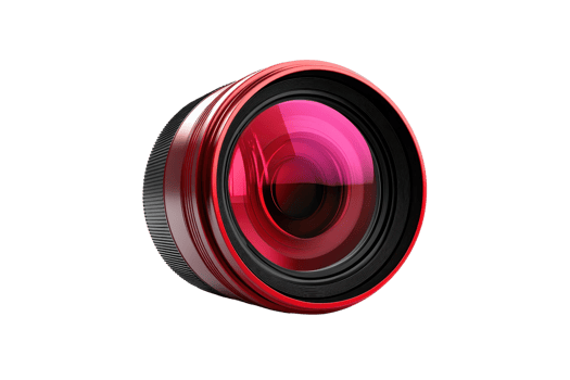 Close-up shot of a professional red camera lens with reflection, showcasing modern photography equipment and optics technology. png