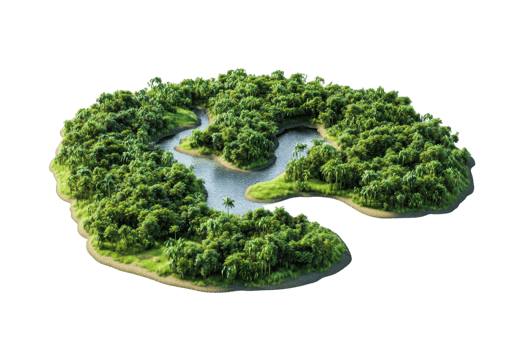 Aerial view of a lush, green island surrounded by a winding river, showcasing the beauty of nature and tranquility of an isolated environment. png